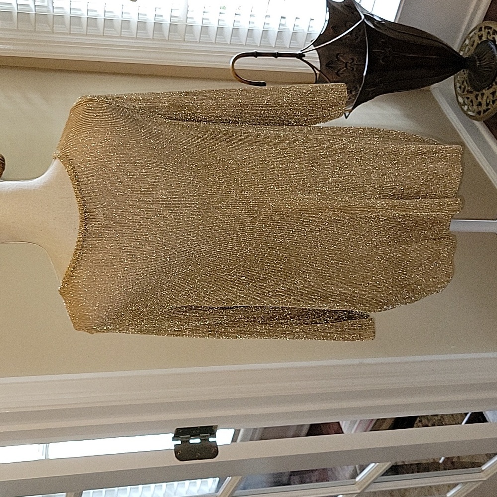 Chico's gold metallic pullover sweater crew neck cold shoulder 3/4 sleeve L EUC… - Picture 4 of 8